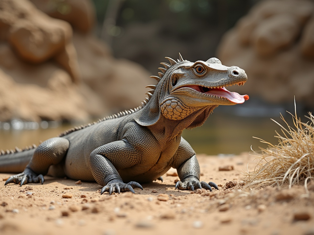 A Komodo dragon resting near a dry-season waterhole on Komodo Island, tongue extended
