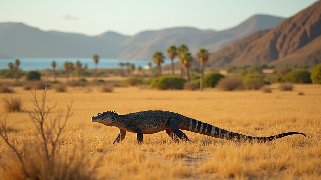 A wild Komodo dragon crossing dry savanna on Rinca Island in golden afternoon light